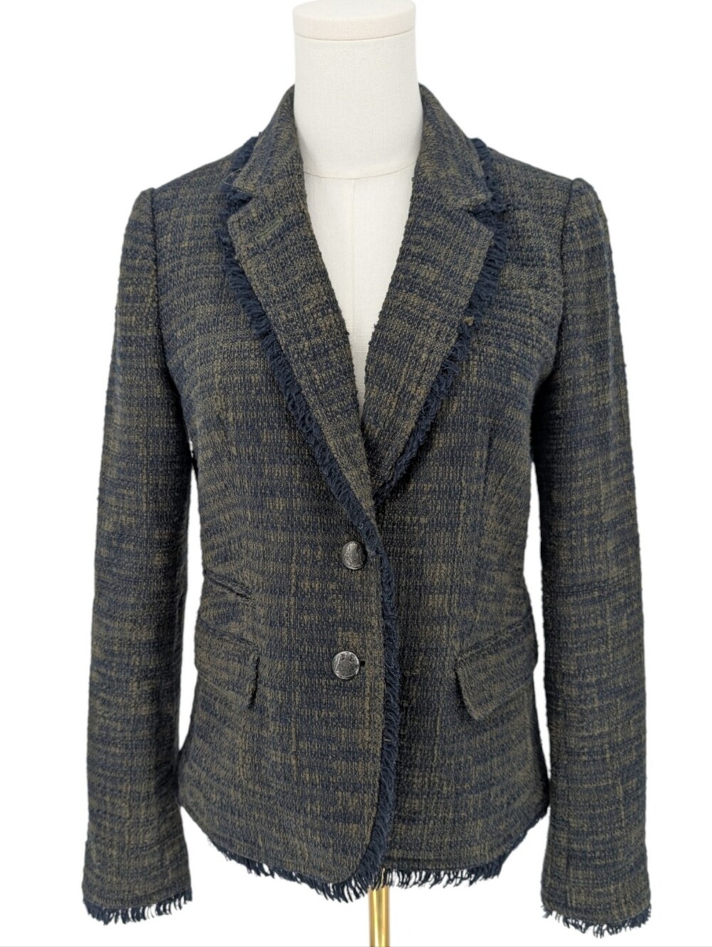Banana Republic Fringe Trim Crest Button Tweed Blazer | 6 | Navy & Olive Fall